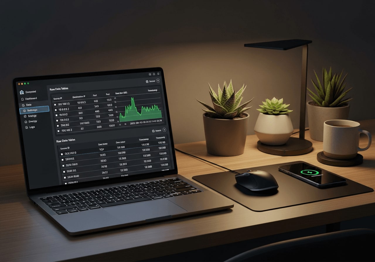 Laptop zeigt die pragmatische Weboberfläche eines Open-Source-Dashboards mit nackten Fakten und Graphen der Solaranlage.