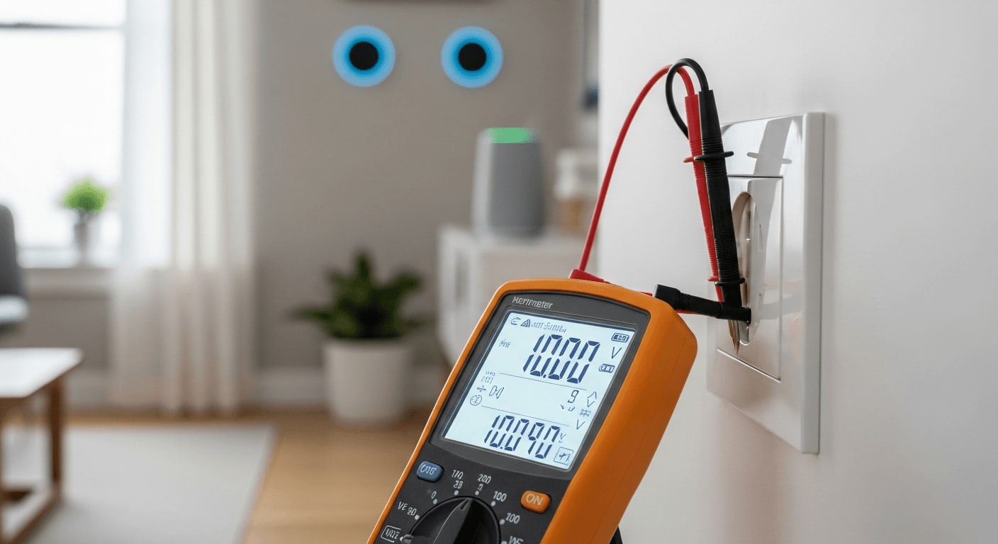 Überprüfung der Netz-Spannung mit einem digitalen Multimeter an der Steckdose, um das Überspannungs-Problem zu analysieren.