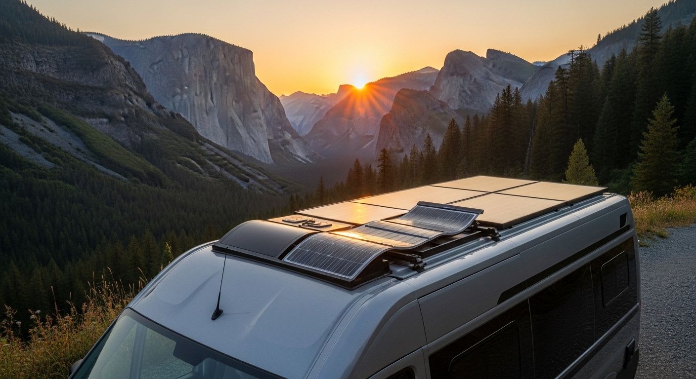 Modernes Wohnmobil mit Solarpanels auf dem Dach für ein autarkes Leben, geparkt in der Natur bei Sonnenuntergang.