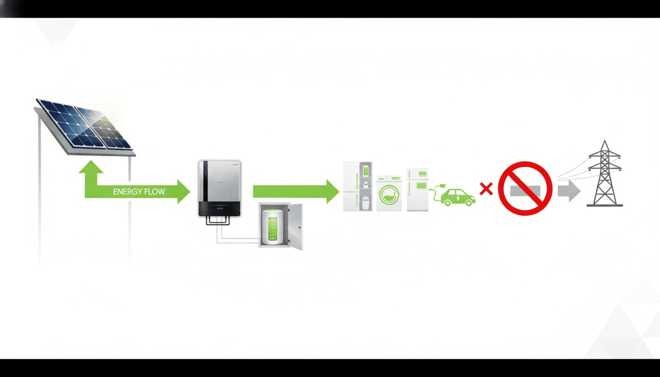 Detailliertes Diagramm einer Photovoltaik-Anlage zur Nulleinspeisung, das den Eigenverbrauch ohne Netzeinspeisung visualisiert.