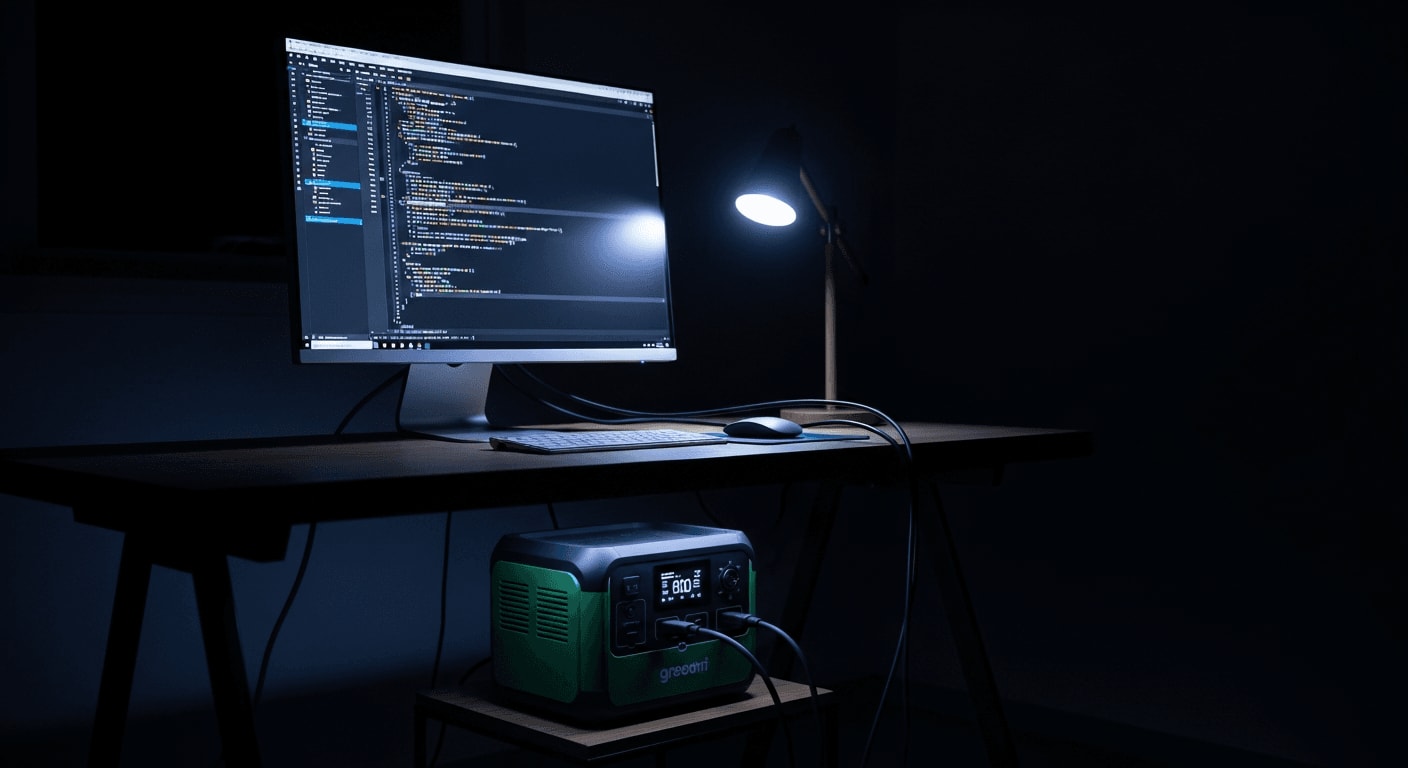 Beleuchteter Monitor mit Code neben einer ausgeschalteten Lampe, gesichert durch eine Powerstation als Haus-USV unter dem Tisch.