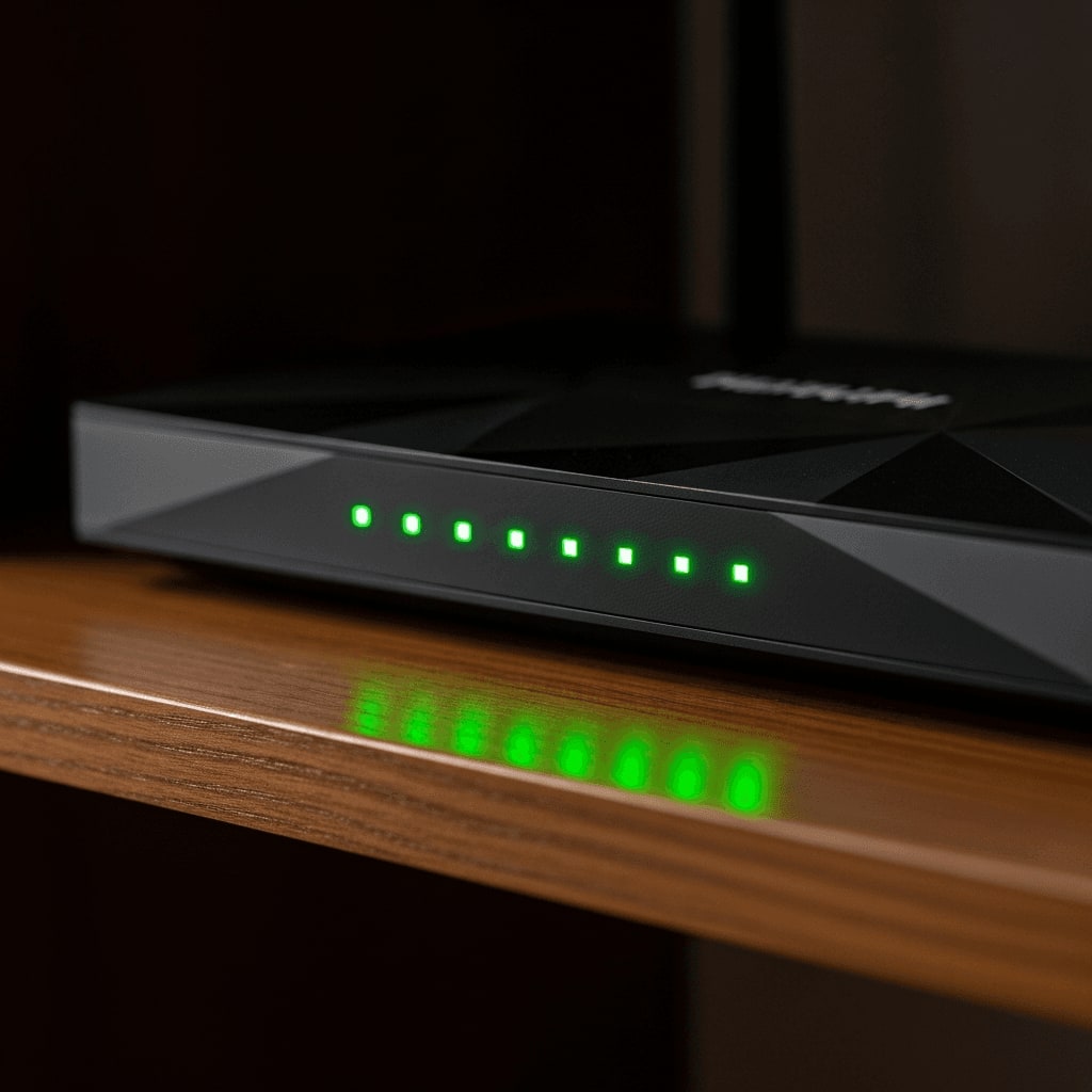 Ein WLAN-Router mit leuchtenden LED-Anzeigen bleibt dank der Powerstation als Haus-USV bei einem Stromausfall online.