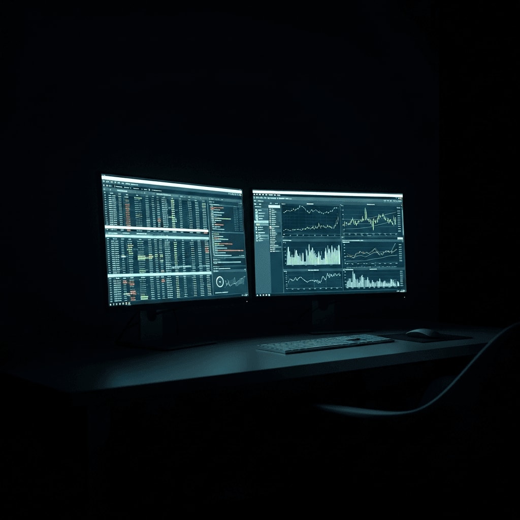 Zwei leuchtende Monitore mit Tabellenkalkulationen im dunklen Home-Office, abgesichert durch eine Powerstation als Haus-USV.