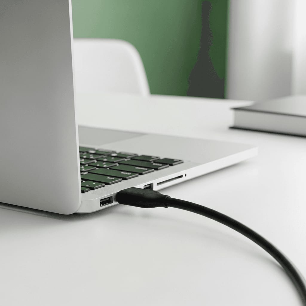 Ein professioneller Laptop auf dem Schreibtisch mit angeschlossenem Ladekabel zur unterbrechungsfreien Stromversorgung.