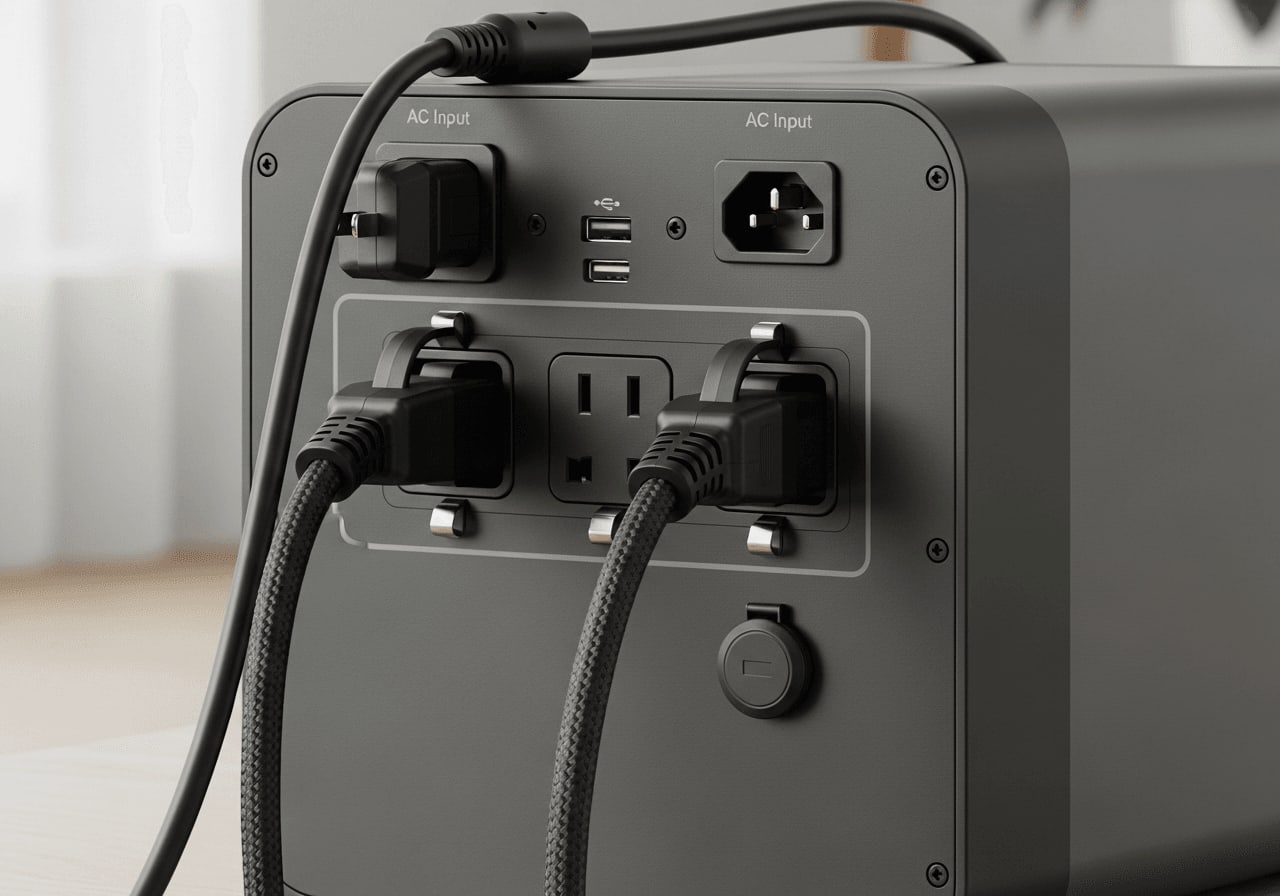 Rückseite einer Powerstation als Haus-USV mit eingesteckten Stromkabeln und Display-Anzeige für den aktiven Passthrough-Modus.