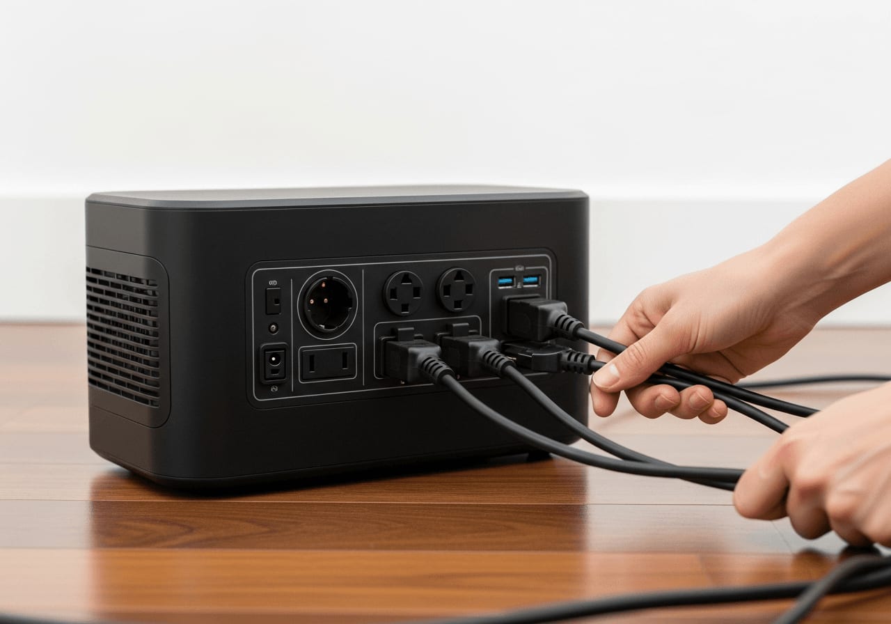 Hände stecken Stromkabel von Router und PC in die AC-Steckdosen der Powerstation als Haus-USV im Home-Office.