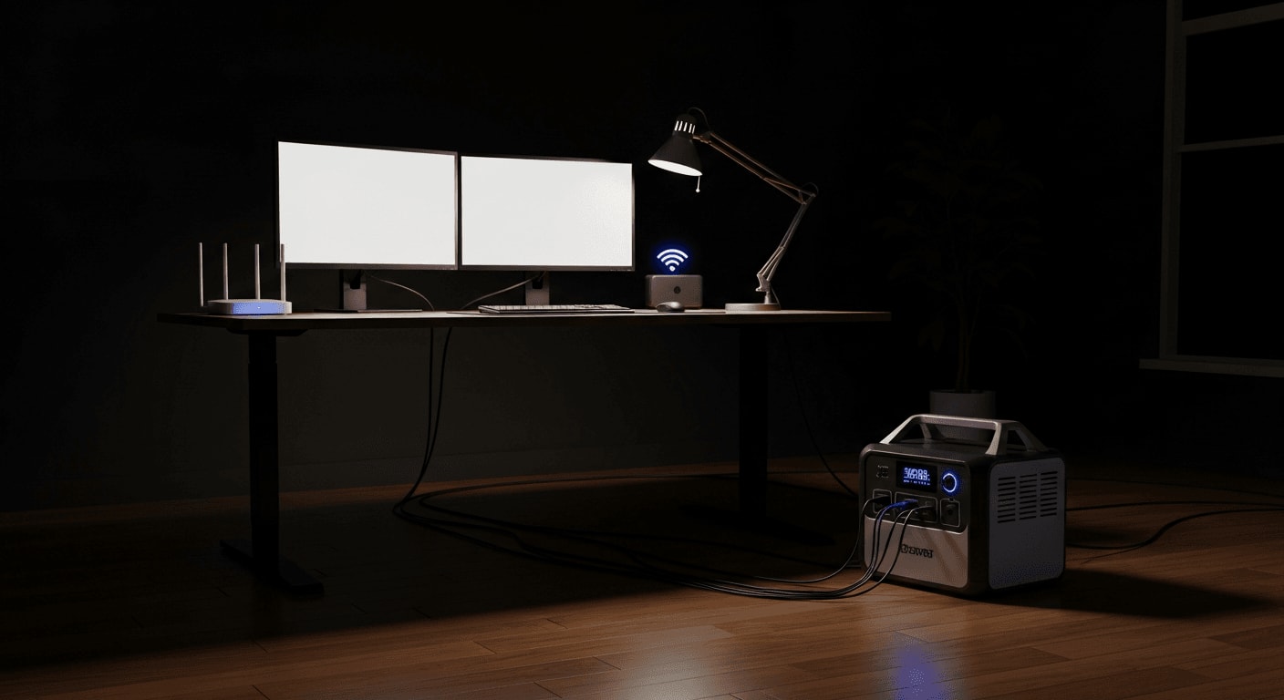 Home-Office bei Stromausfall: Eine leuchtende Powerstation als Haus-USV versorgt Computer und Router zuverlässig mit Strom.