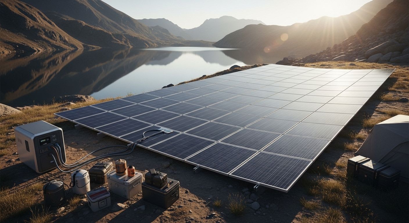 Eine Powerstation mit Solarpanel wird bei Sonnenaufgang in der Natur aufgeladen und ermöglicht so autarkes Reisen.