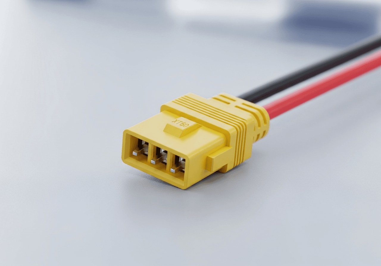 Gelber XT60-Adapterstecker am Kabel, um ein fremdes Solarpanel an EcoFlow Delta anschließen zu können.