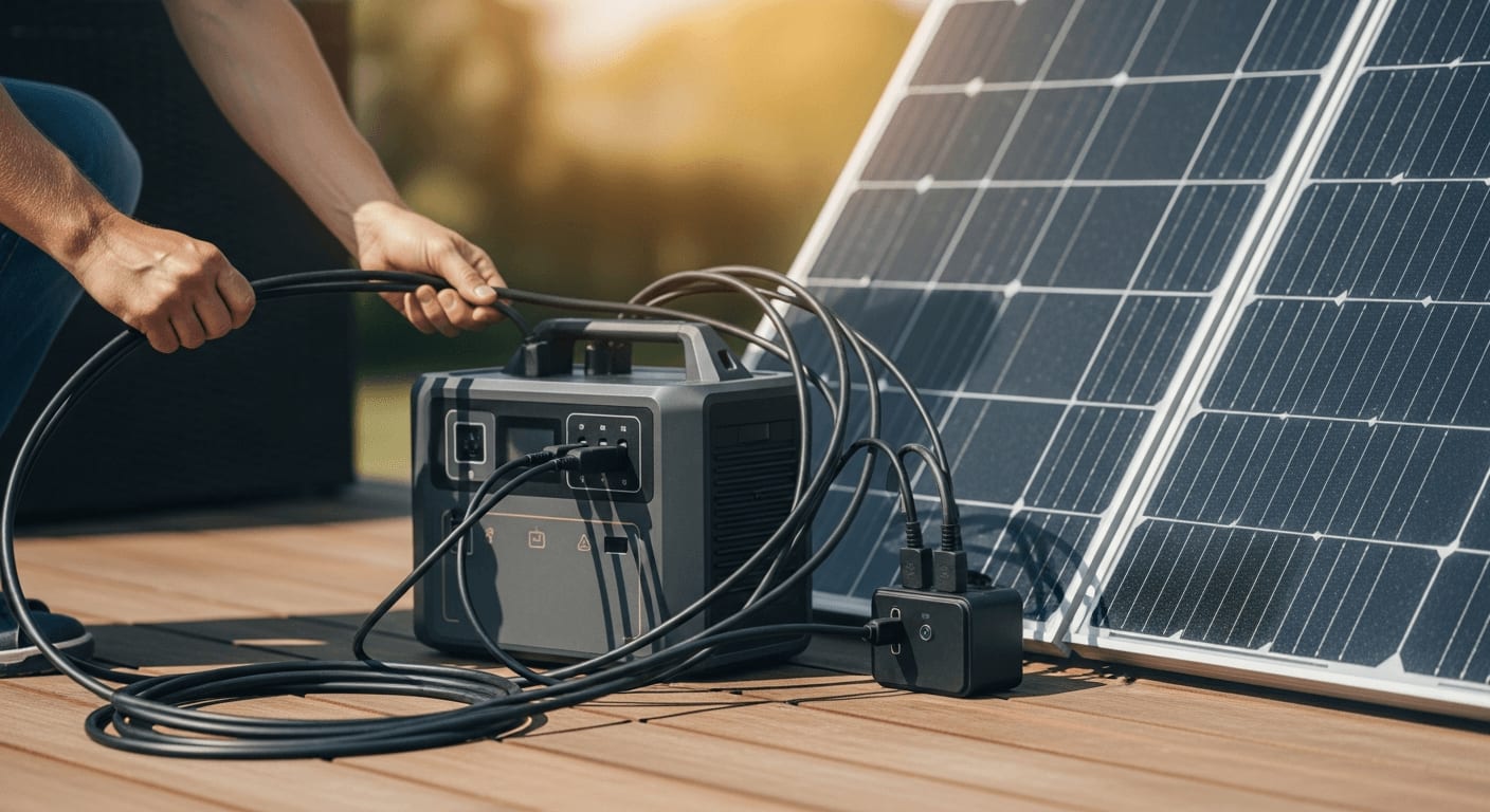 Solarpanel an EcoFlow Delta anschließen: Hände stecken dicke Solarkabel in eine moderne Powerstation auf der Terrasse.