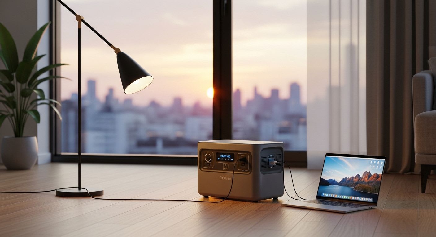 Eine moderne Powerstation als portable Energiequelle im Wohnzimmer versorgt einen Laptop während des Sonnenuntergangs mit Strom.