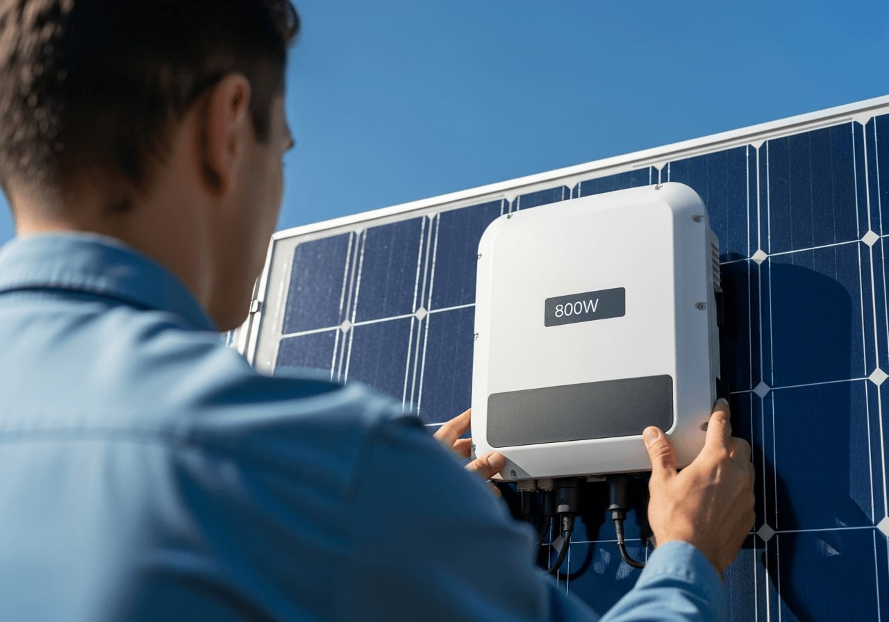Techniker prüft einen 800W Wechselrichter an einem Solarmodul zur Einhaltung der 960Wp Grenze für Schuko-Stecker.