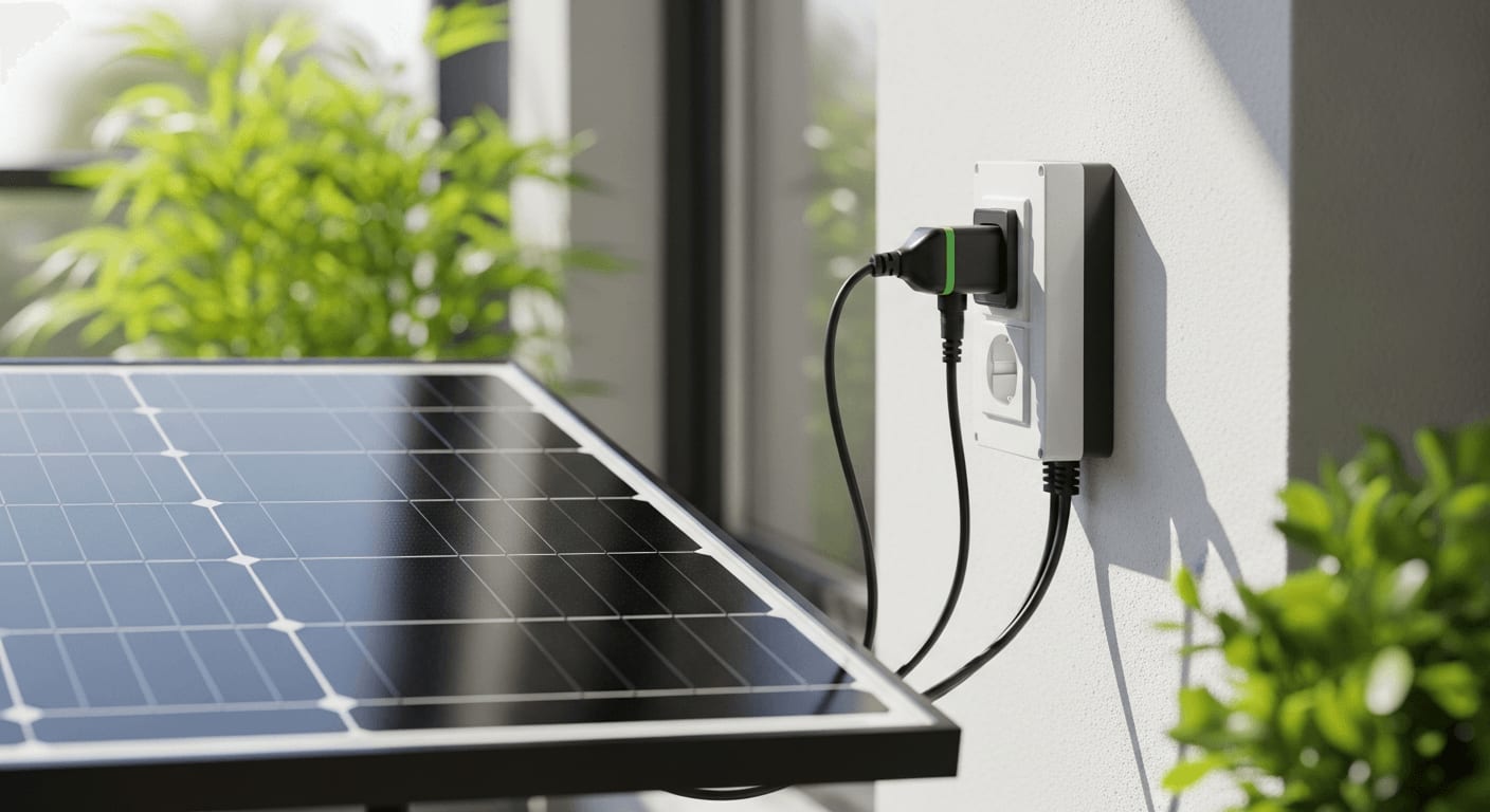 Modernes 800W Balkonkraftwerk sicher an eine Außensteckdose angeschlossen, mit Fokus auf die VDE-konforme Verkabelung.