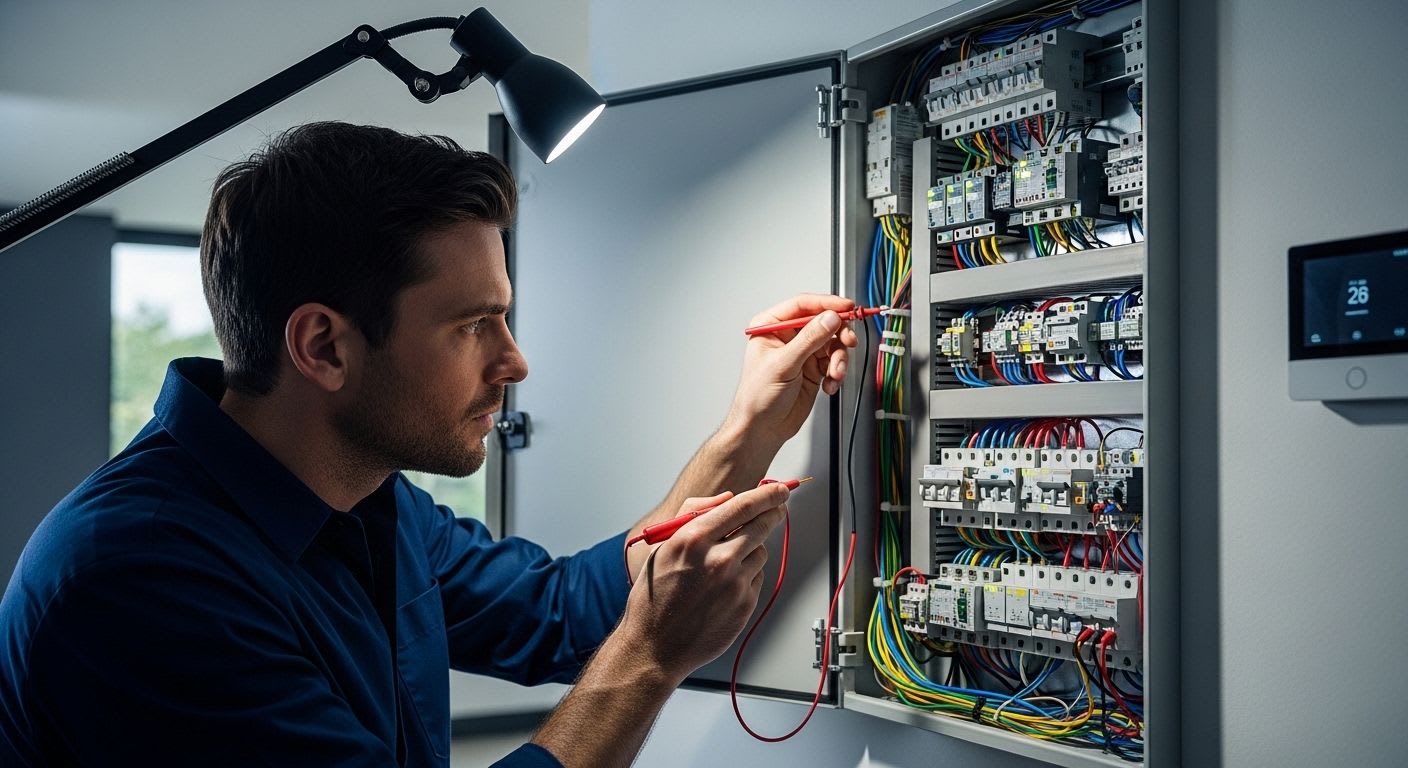 Elektrofachkraft bei der sorgfältigen Prüfung einer komplexen Elektroinstallation zur Einhaltung der Sicherheitsstandards.