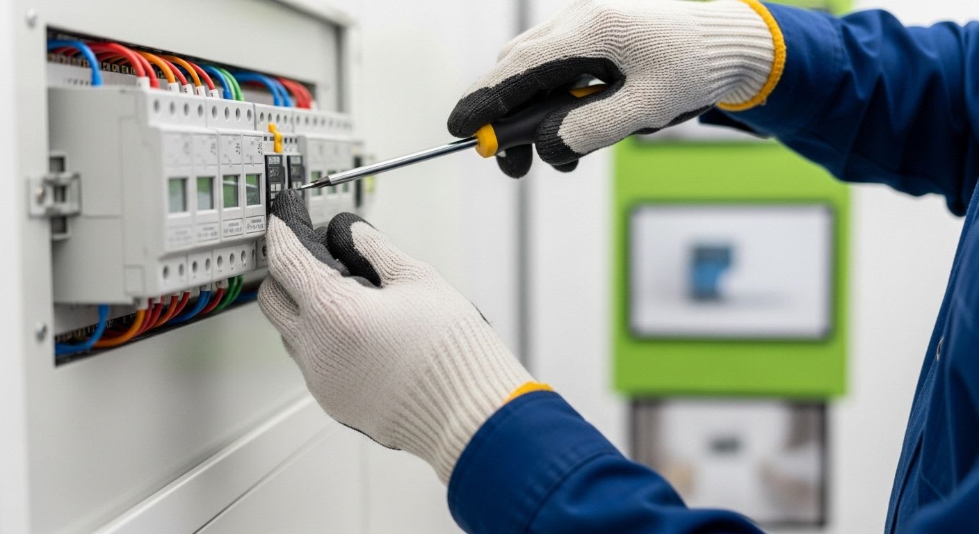 Eine Elektrofachkraft arbeitet an einem Verteilerkasten, was die Wichtigkeit der Sicherheitsstandards für elektrische Anlagen unterstreicht.