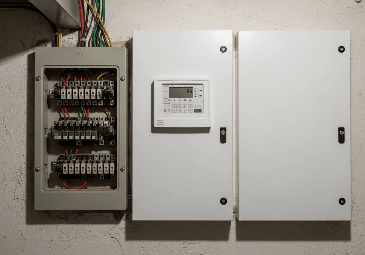 Alter Zählerschrank aus den 70er Jahren neben einem modernen Sicherungskasten - kein teurer Komplettumbau beim Zählertausch