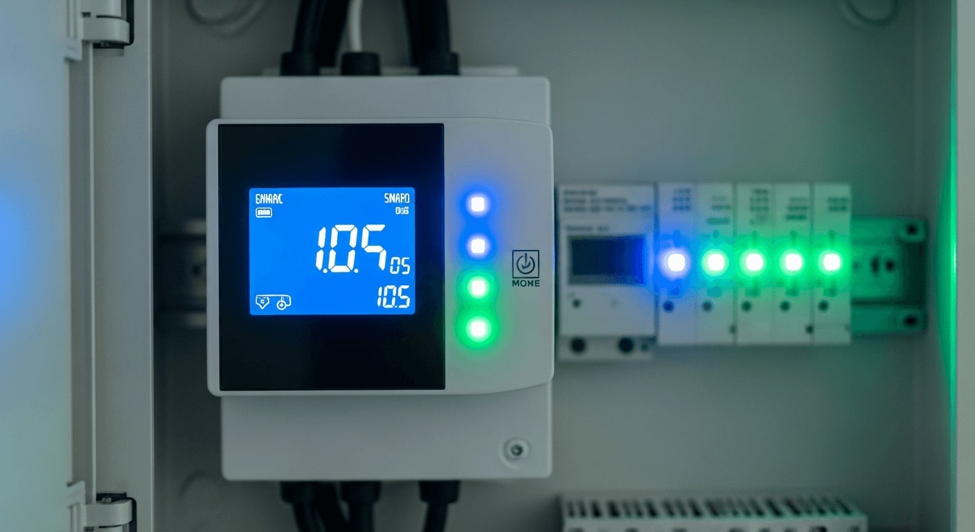 Die Smart Meter Pflicht 2026 rückt näher: Leuchtender digitaler Stromzähler im modernen Schaltschrank für Solarstrom