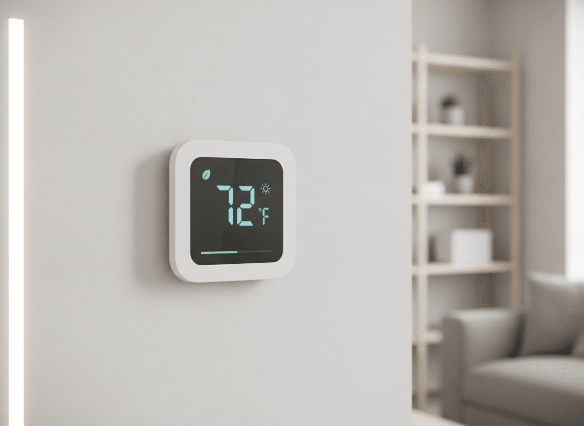 Wandmontiertes smartes Raumthermostat als Ergänzung zum Heizkörperthermostat für eine präzisere Temperaturmessung im Raum.