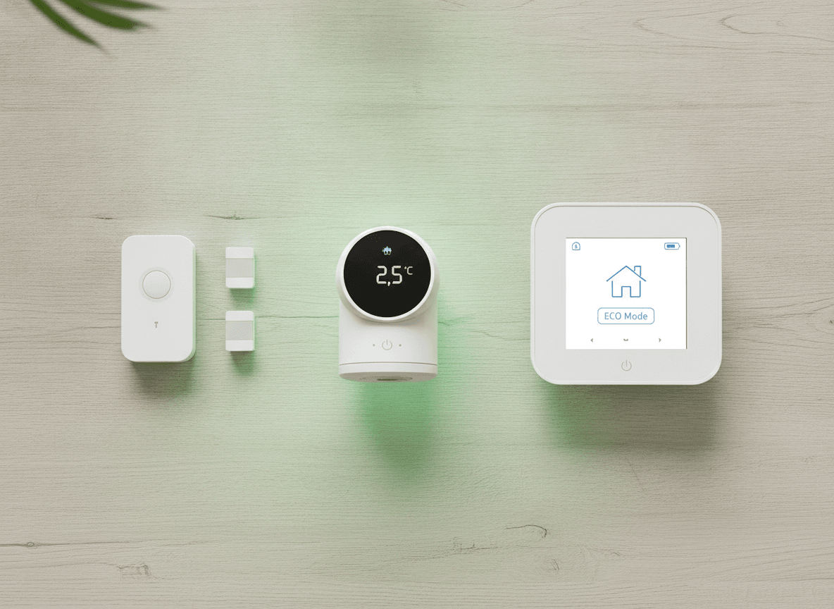 Smarte Heizsystem-Komponenten: Heizkörperthermostat, Fensterkontakt und Raumthermostat für maximales Sparpotenzial.