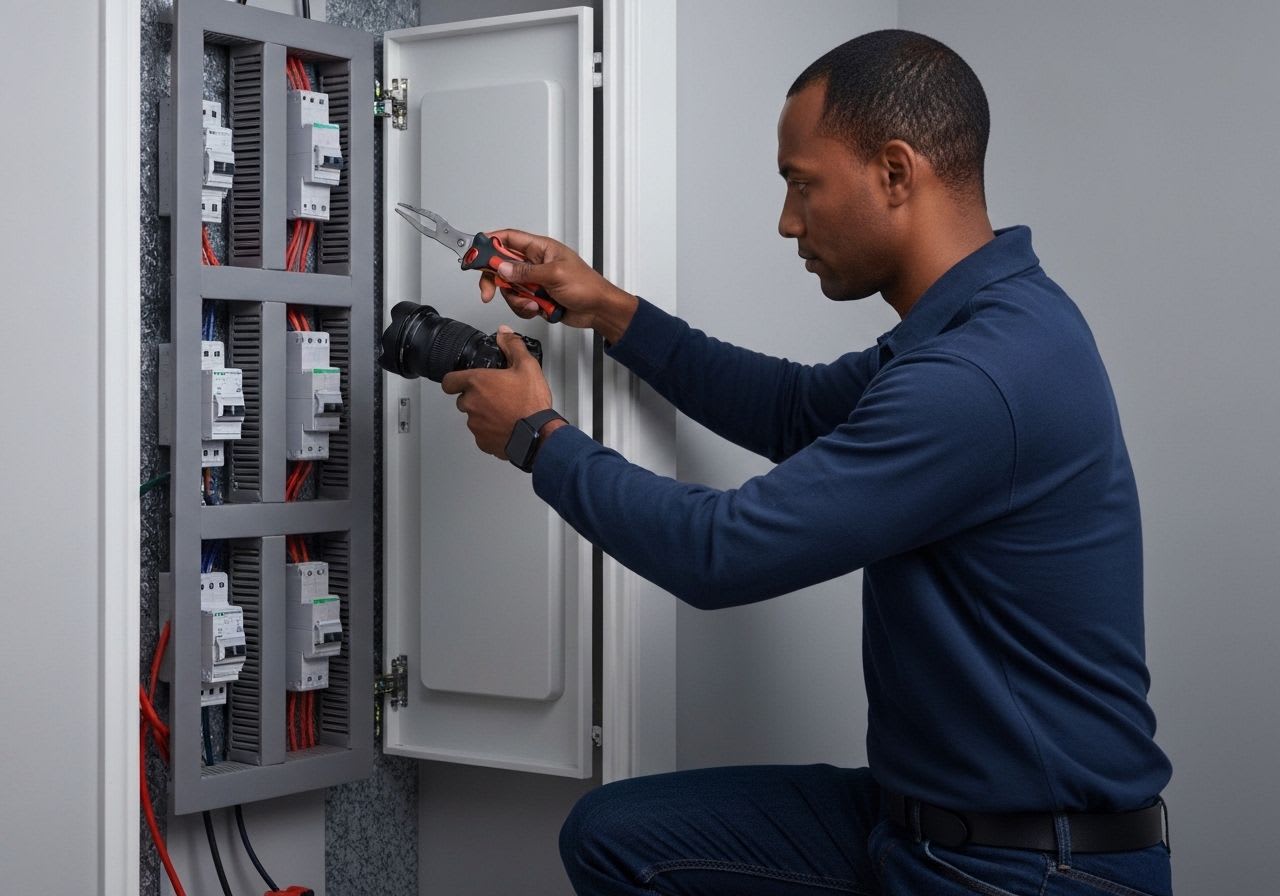 Elektrofachkraft prüft mit Multimeter eine Elektroanlage auf Sicherheit und Konformität gemäß VDE-Normen.