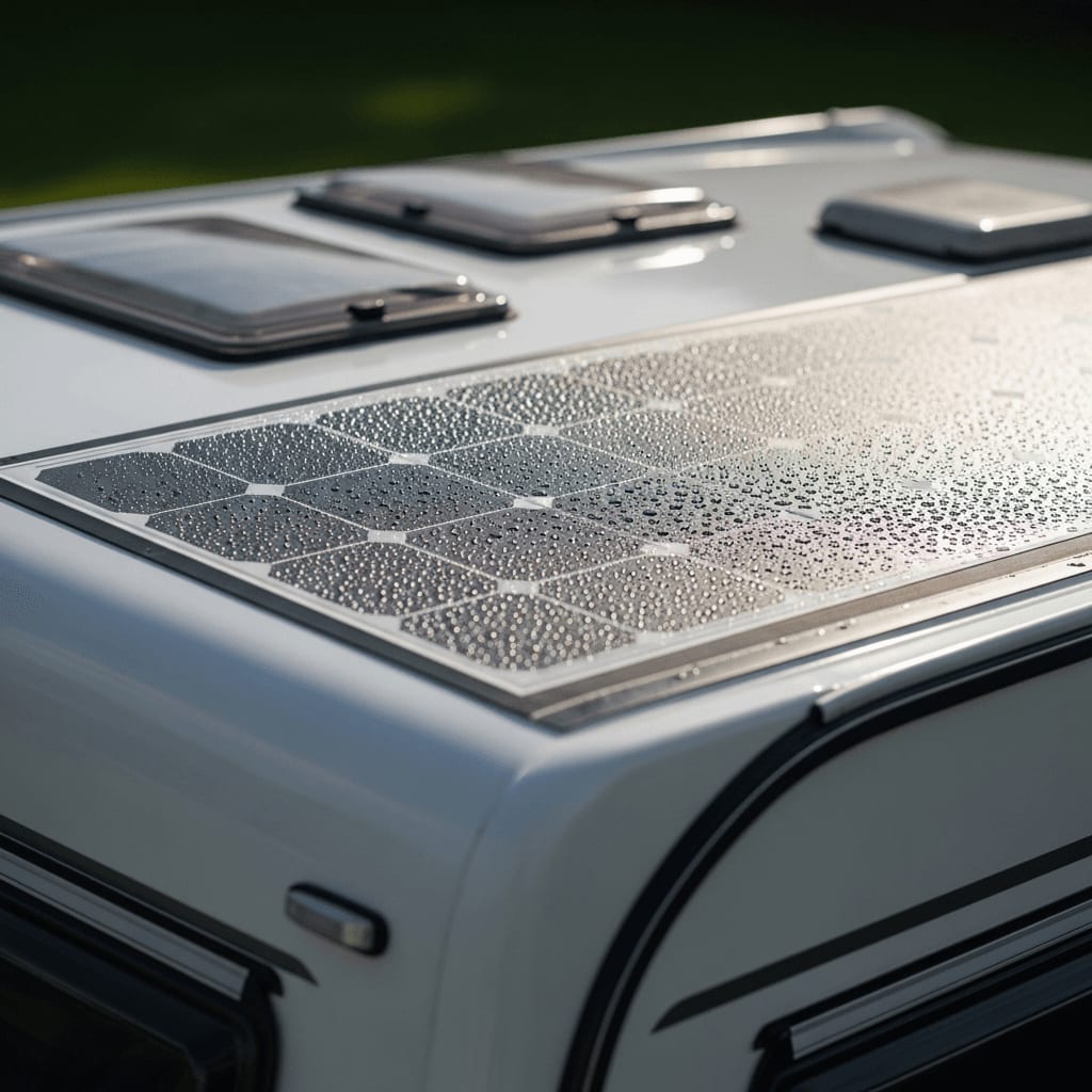 Wetterfestes Flexmodul auf dem Wohnmobildach mit Wassertropfen als robuste Alternative beim Solar-Camping 2026.
