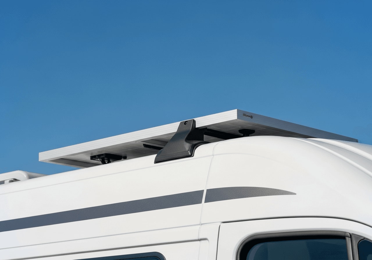 Aerodynamische Spoiler-Festmontage für starre Solarmodule auf dem Camper zur Vermeidung von Windgeräuschen.
