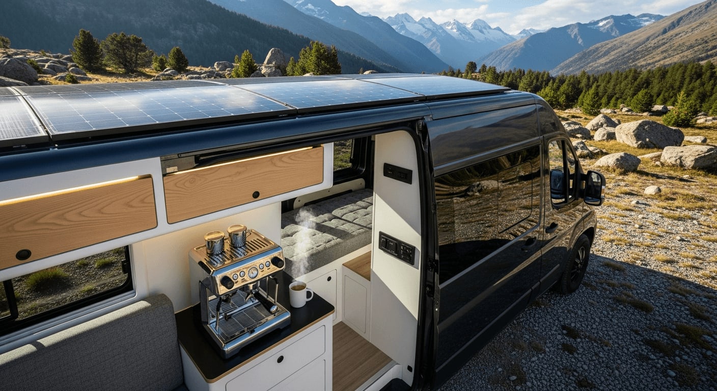 Solar-Camping 2026: Moderner Camper in den Bergen mit Flexmodul und Festmontage auf dem Dach in der Morgensonne.