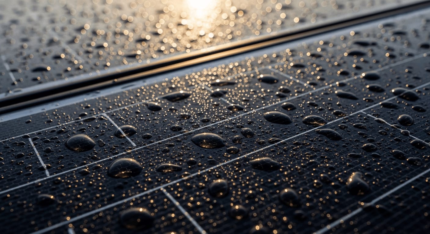 Nahaufnahme eines Solarmoduls mit schmelzendem Frost im Gegenlicht der tiefstehenden Wintersonne für besseren Solar-Ertrag.