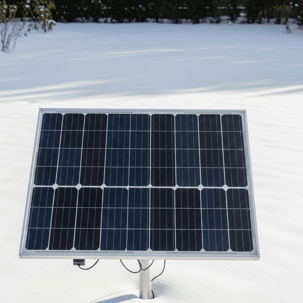 Solarmodul im schneebedeckten Garten nutzt die starke Reflexion der weißen Schneedecke zur Steigerung vom Solar-Ertrag.