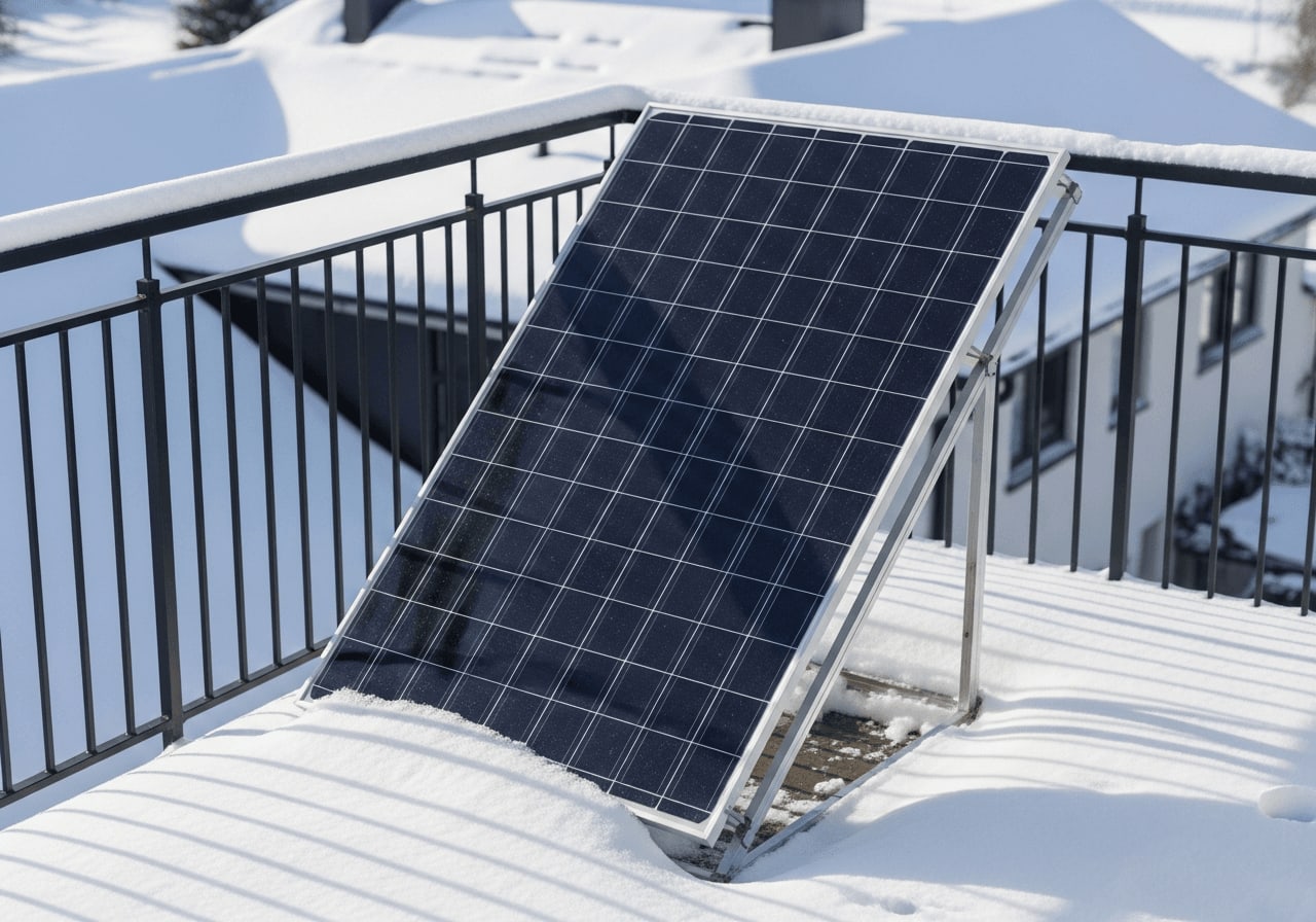 Steil im 80-Grad-Winkel montiertes Balkonkraftwerk ohne Schnee fängt das Licht für hohen Solar-Ertrag im Winter perfekt ein.
