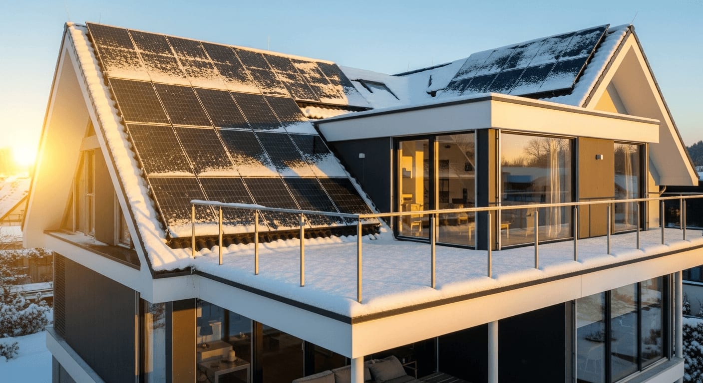 Steil aufgestellte Solarmodule fangen die tiefe Wintersonne ein, um den Solar-Ertrag im Winter auf dem Balkon zu maximieren.