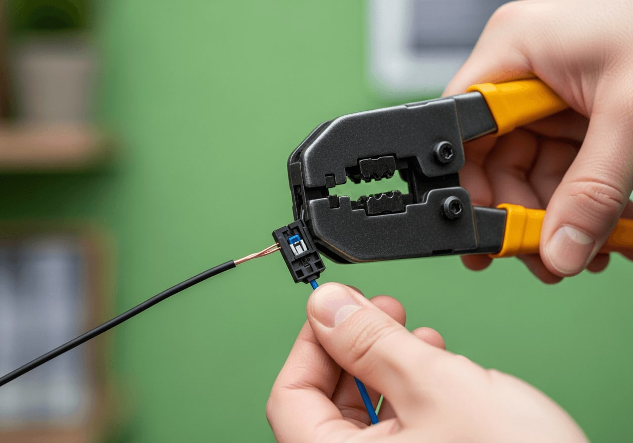 Fachgerechte Montage eines Solar-Steckers mit einer professionellen Crimpzange für sicheren Kontakt