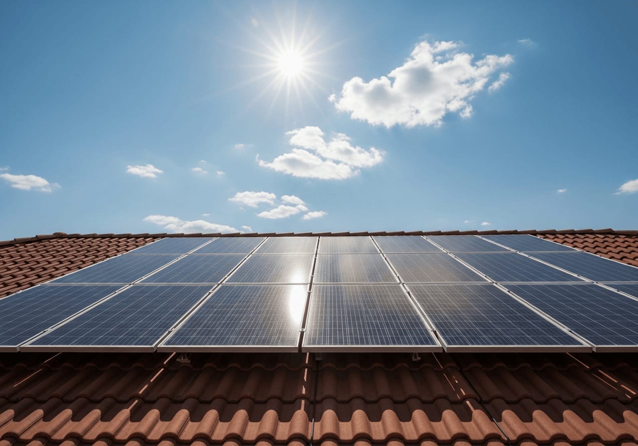 Konventionelle, starre Solarmodule auf einem Ziegeldach ohne Solar-Tracking für zu Hause in der Mittagssonne.
