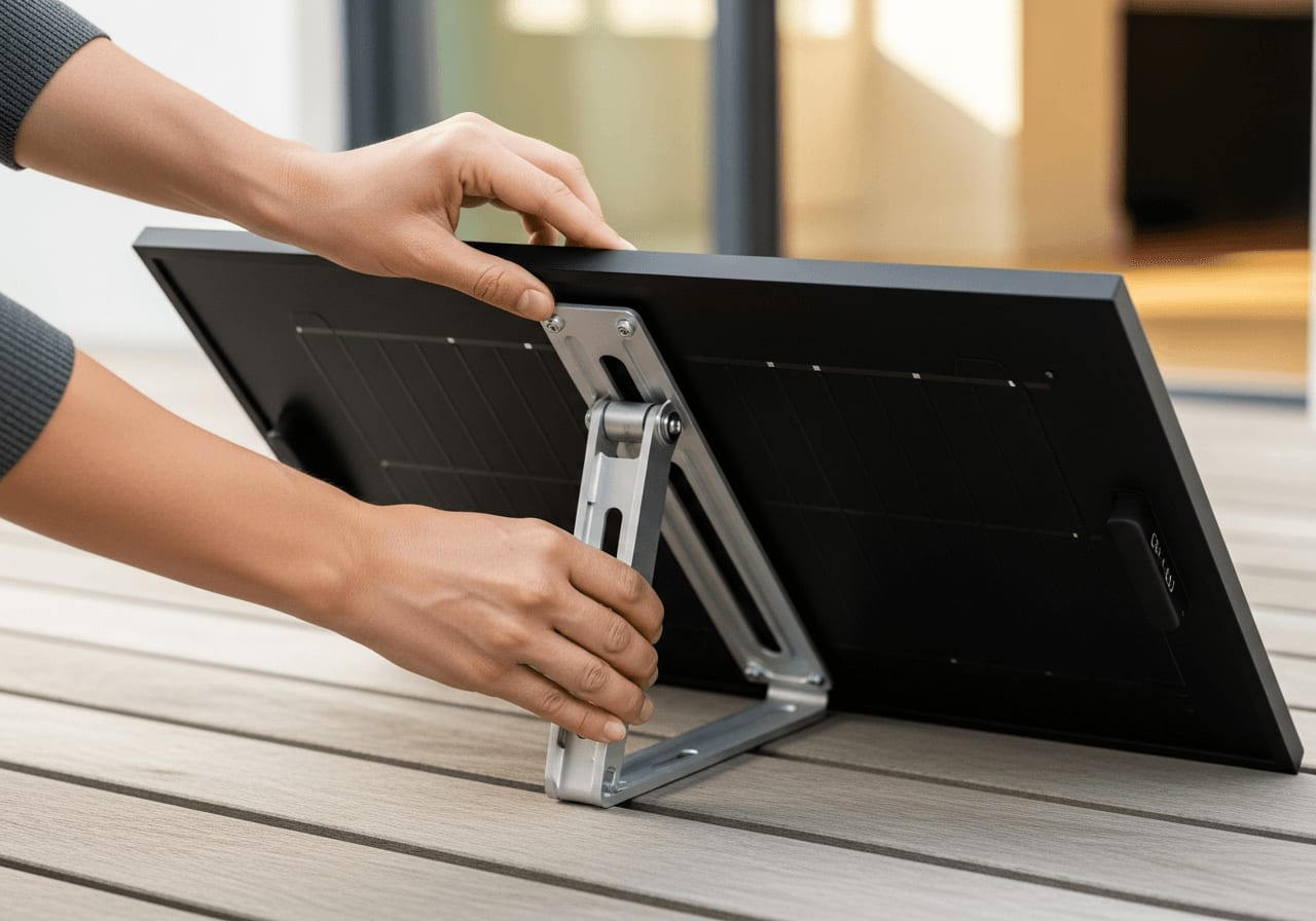 Person stellt den Neigungswinkel am manuellen Solar-Tracking für zu Hause auf einer Holzterrasse per Hand ein.