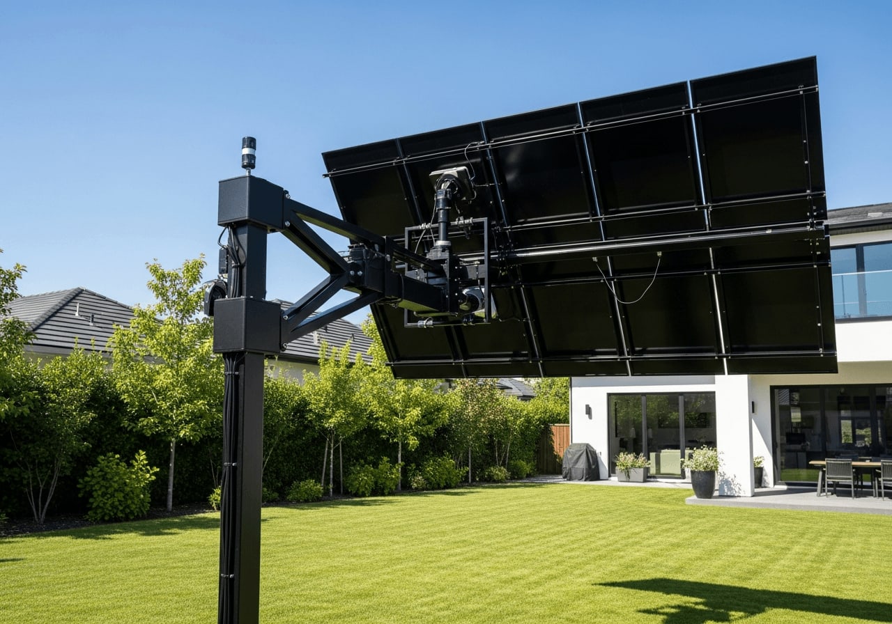 Modernes, zweiachsiges automatisches Solar-Tracking für zu Hause im Garten für maximalen Photovoltaik-Ertrag.