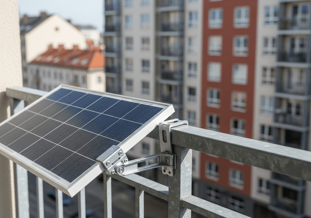 Günstiges manuelles Solar-Tracking für zu Hause mit einfacher Kipphalterung am Geländer eines städtischen Balkons.