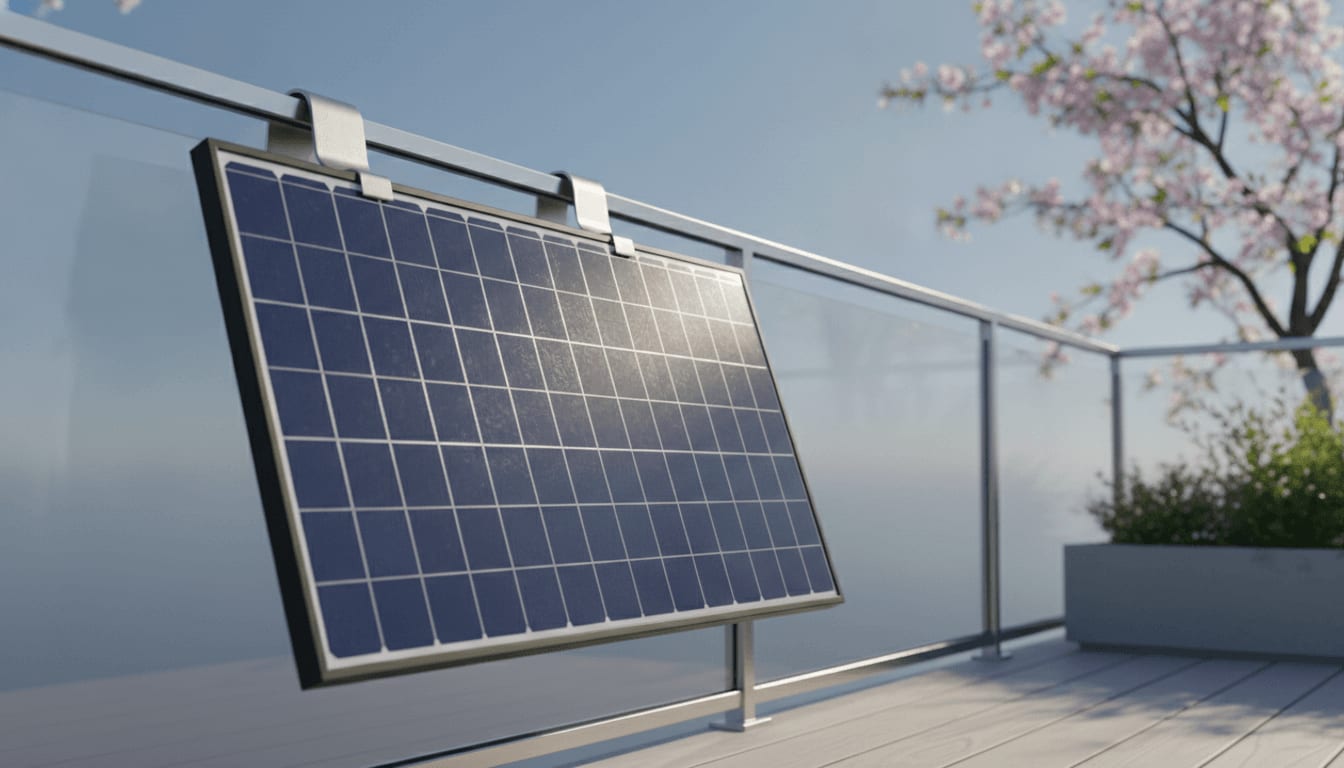 Ein Solarmodul eines Balkonkraftwerks in der Morgensonne, das den optimalen Solarertrag im Frühjahr durch richtige Ausrichtung zeigt.