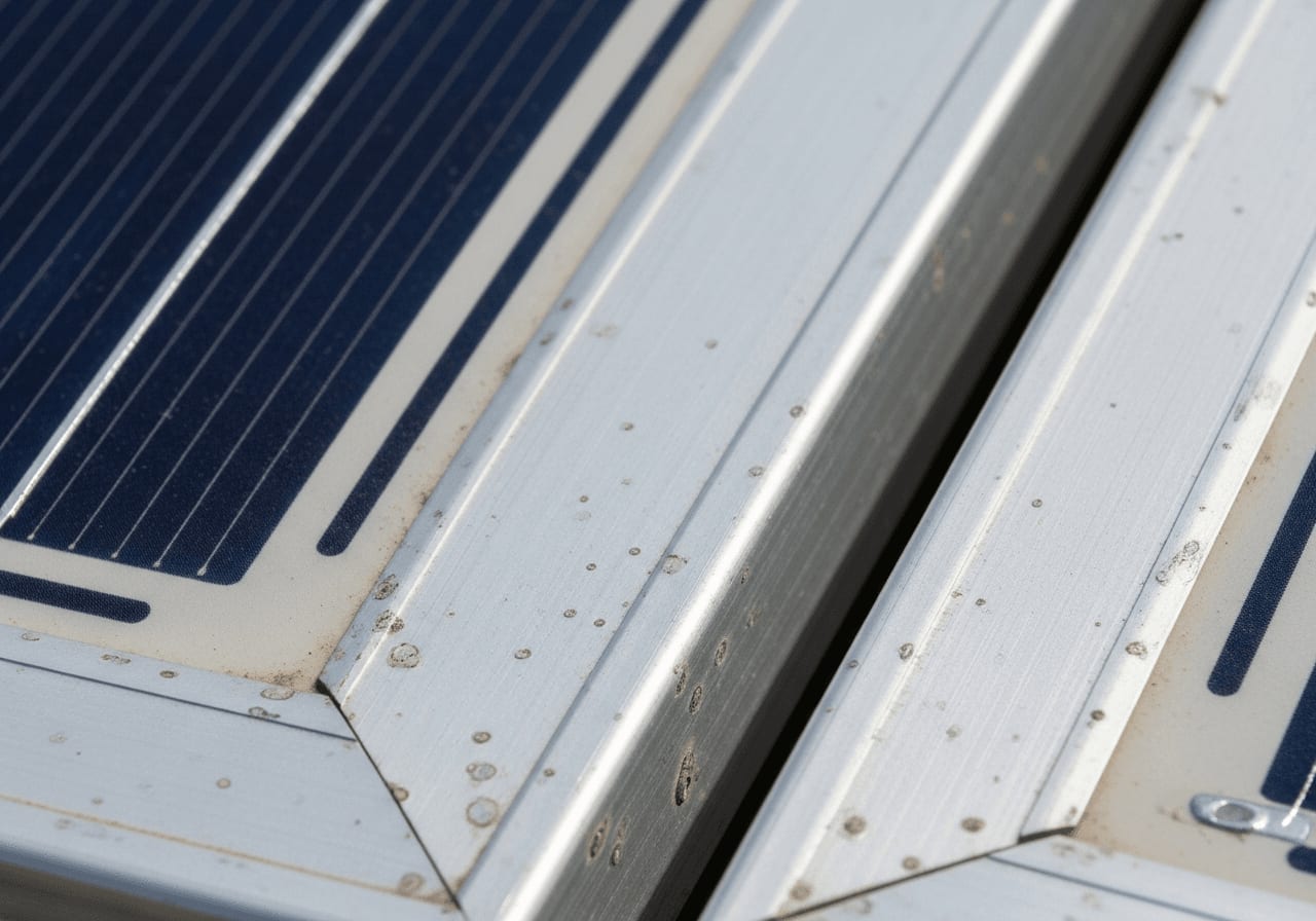 Nahaufnahme eines gealterten Aluminiumrahmens am Solarmodul nach langjähriger Lebensdauer auf dem Balkon