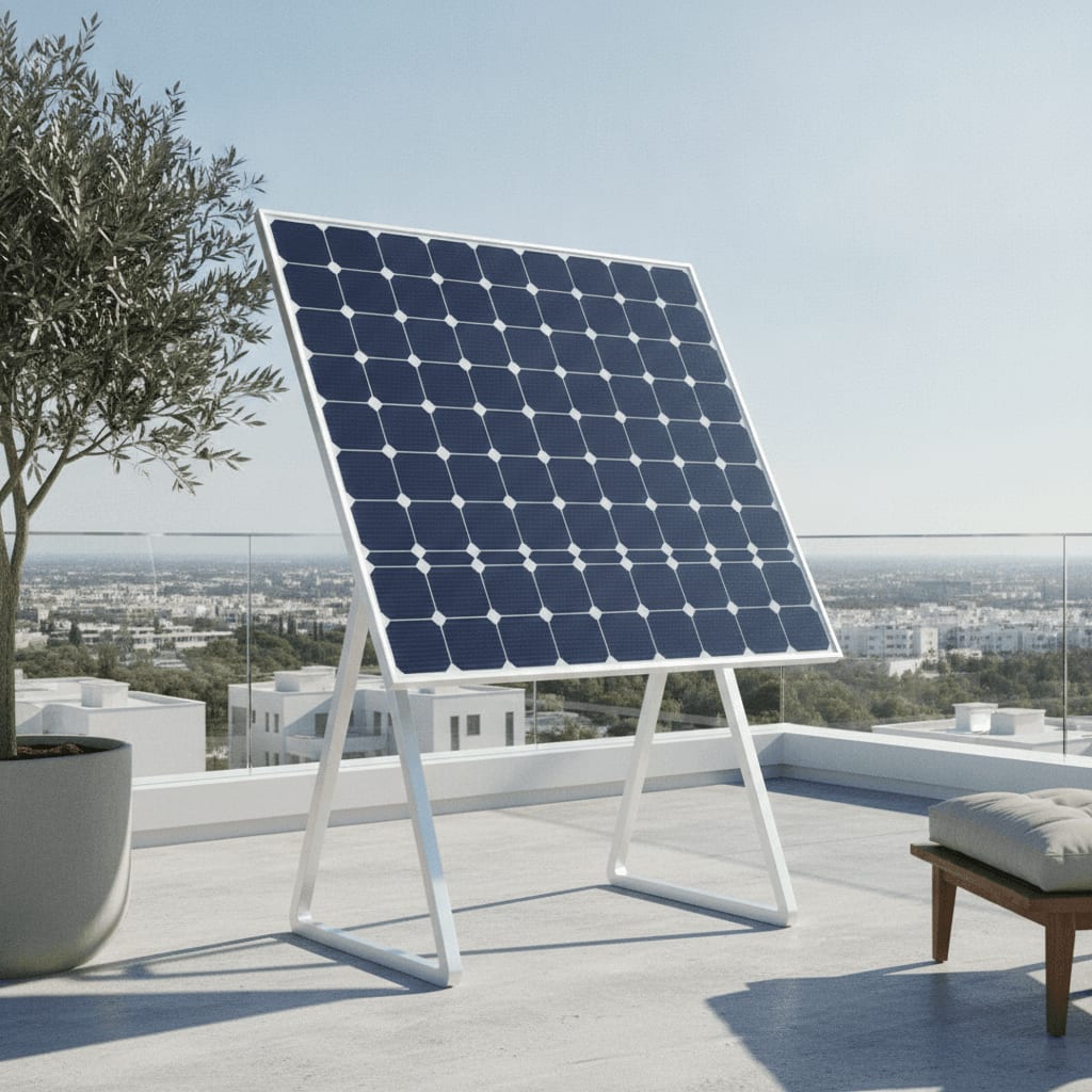 Aufgeständerte Solarmodule eines Balkonkraftwerks auf einer Terrasse zur optimalen Ausrichtung zur Sonne.