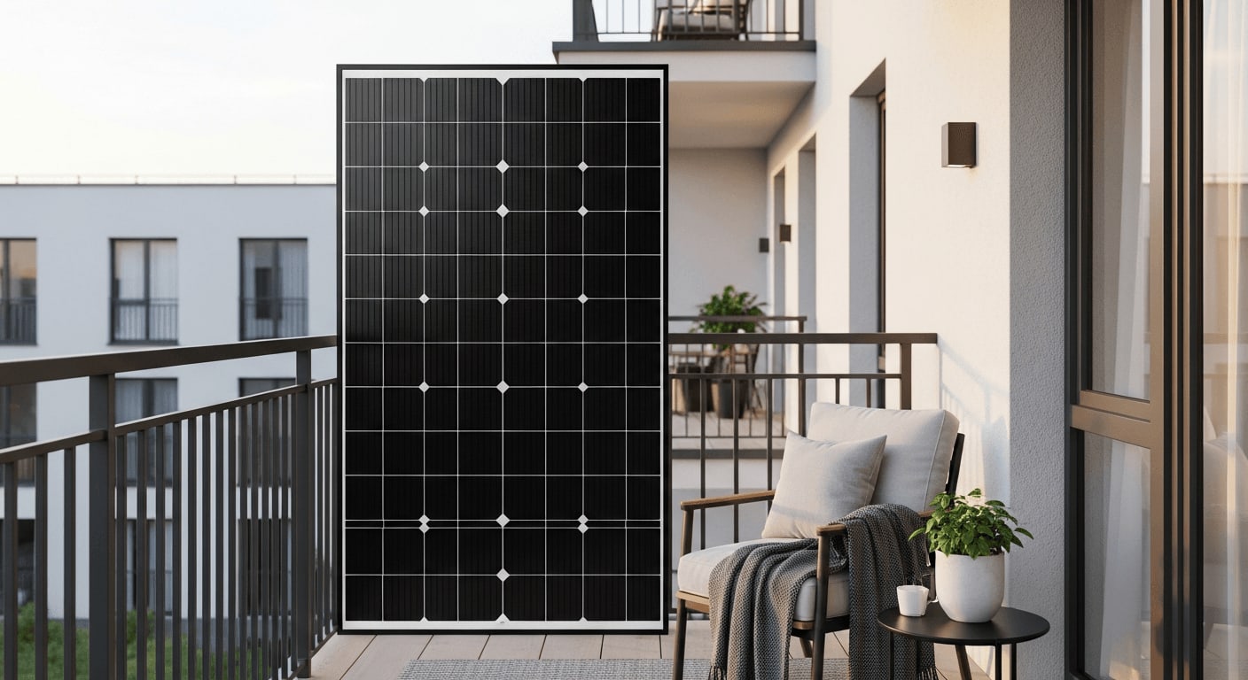 Vertikales Stecker-Solar am Mietbalkon blockiert die Sicht auf das Nachbargebäude und schützt die Privatsphäre.