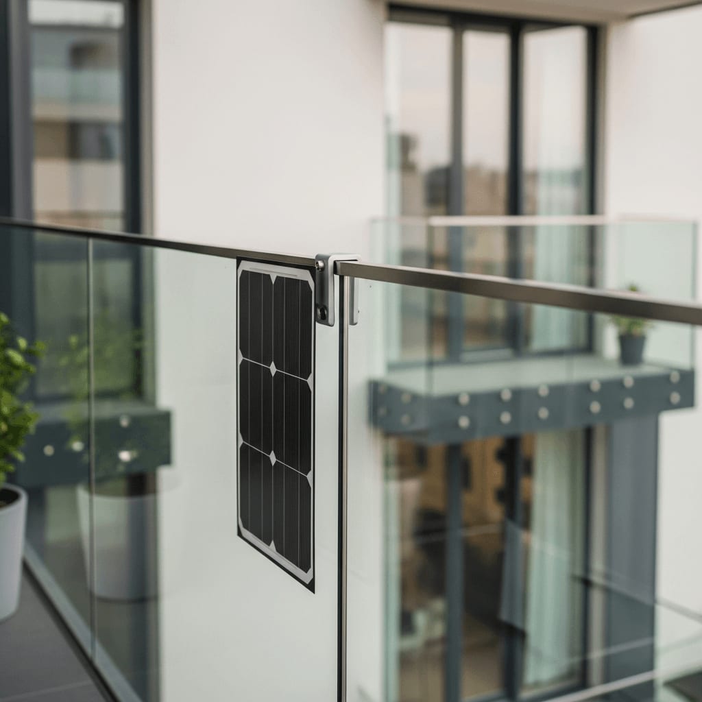 Leichtes, flexibles Balkonkraftwerk als Sichtschutz direkt am Glasgeländer eines modernen Großstadt-Balkons montiert.