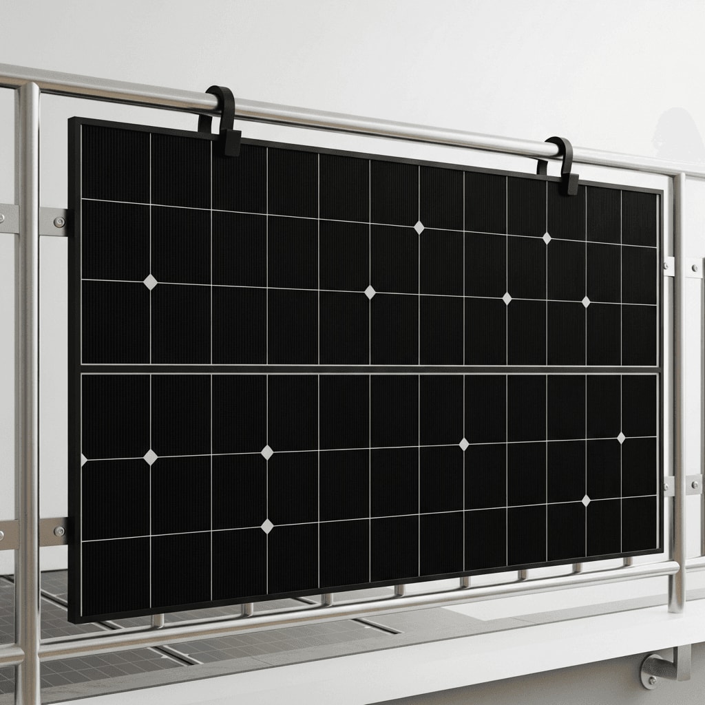 Klassisches Glas-Solarmodul mit schwarzem Rahmen dient als robuster Sichtschutz beim Stecker-Solar am Mietbalkon.