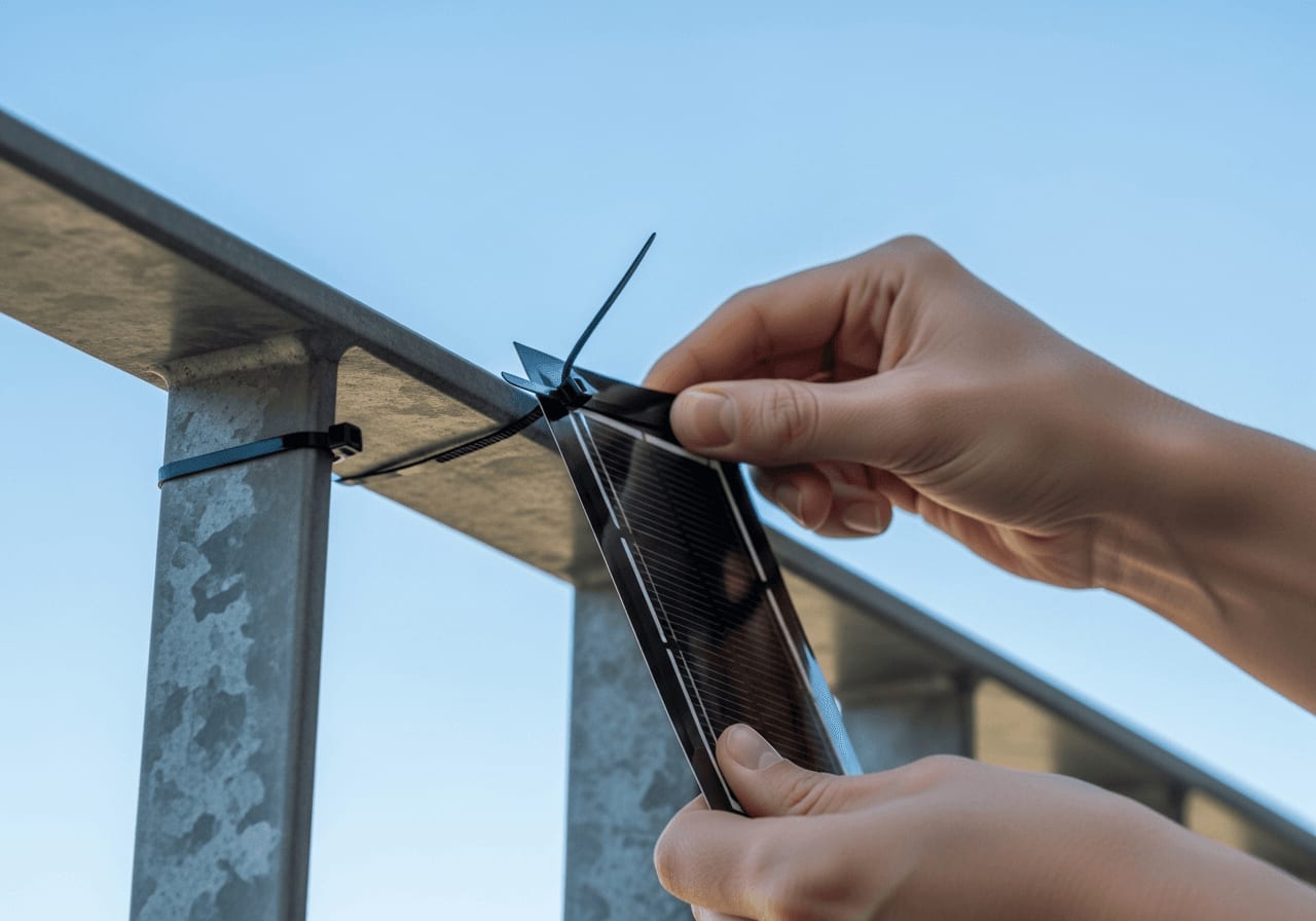 Hände befestigen ein flexibles Stecker-Solar am Mietbalkon mit Edelstahl-Kabelbindern sicher am Geländer.