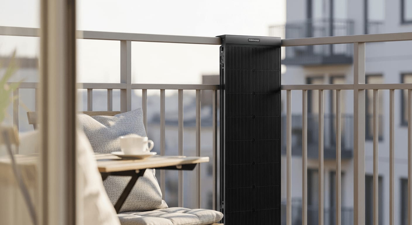 Balkonkraftwerk als Sichtschutz auf einem gemütlichen Mietbalkon mit Kaffeetisch und vertikalem Solarmodul.