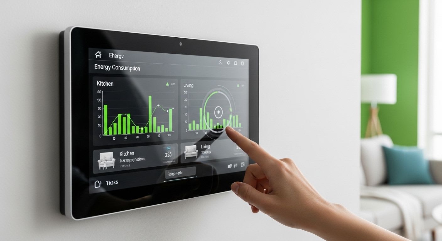 Strom sparen im Haushalt: Eine Person bedient ein Smart-Home-Display an der Wand, das den Energieverbrauch von Geräten anzeigt.