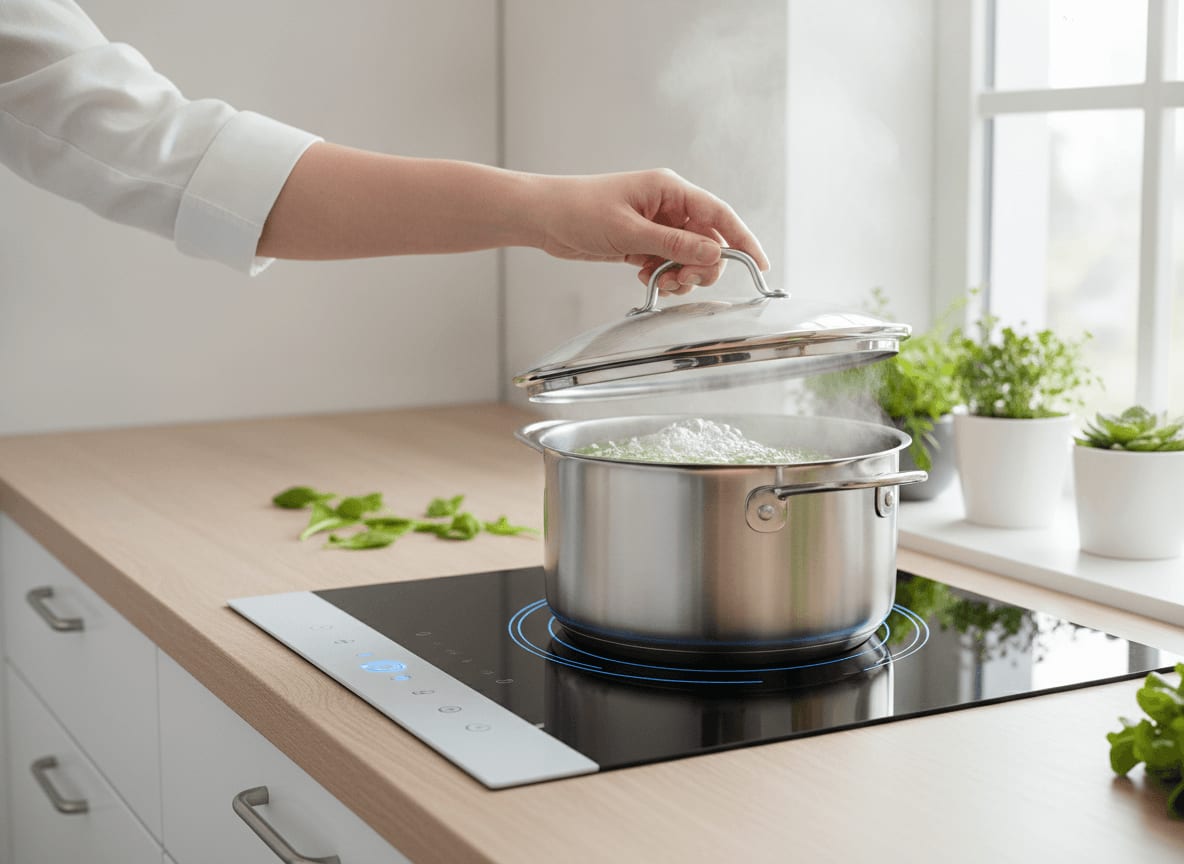 Eine Person nutzt einen Deckel beim Kochen auf dem Herd, ein einfacher Tipp, um den Stromverbrauch in der Küche deutlich zu senken.