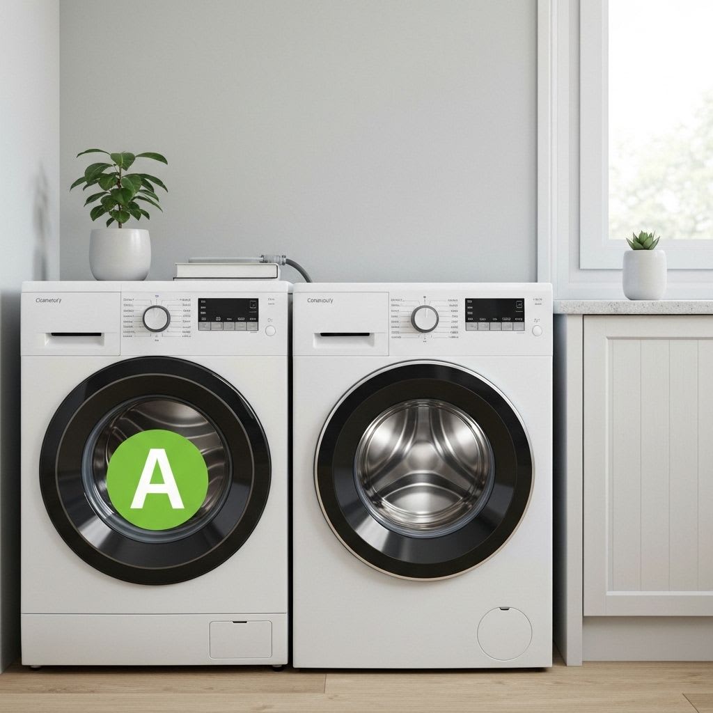 Eine moderne, energieeffiziente Waschmaschine mit Bestnote, ideal zum Stromverbrauch senken im Haushalt.