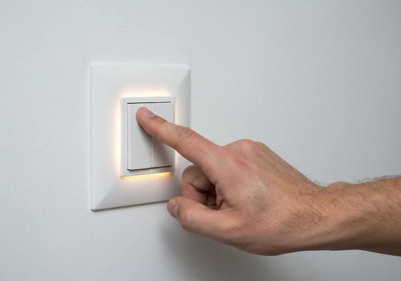 Eine Hand schaltet einen Lichtschalter aus, symbolisiert bewusste Entscheidungen zum Stromverbrauch senken im Alltag.