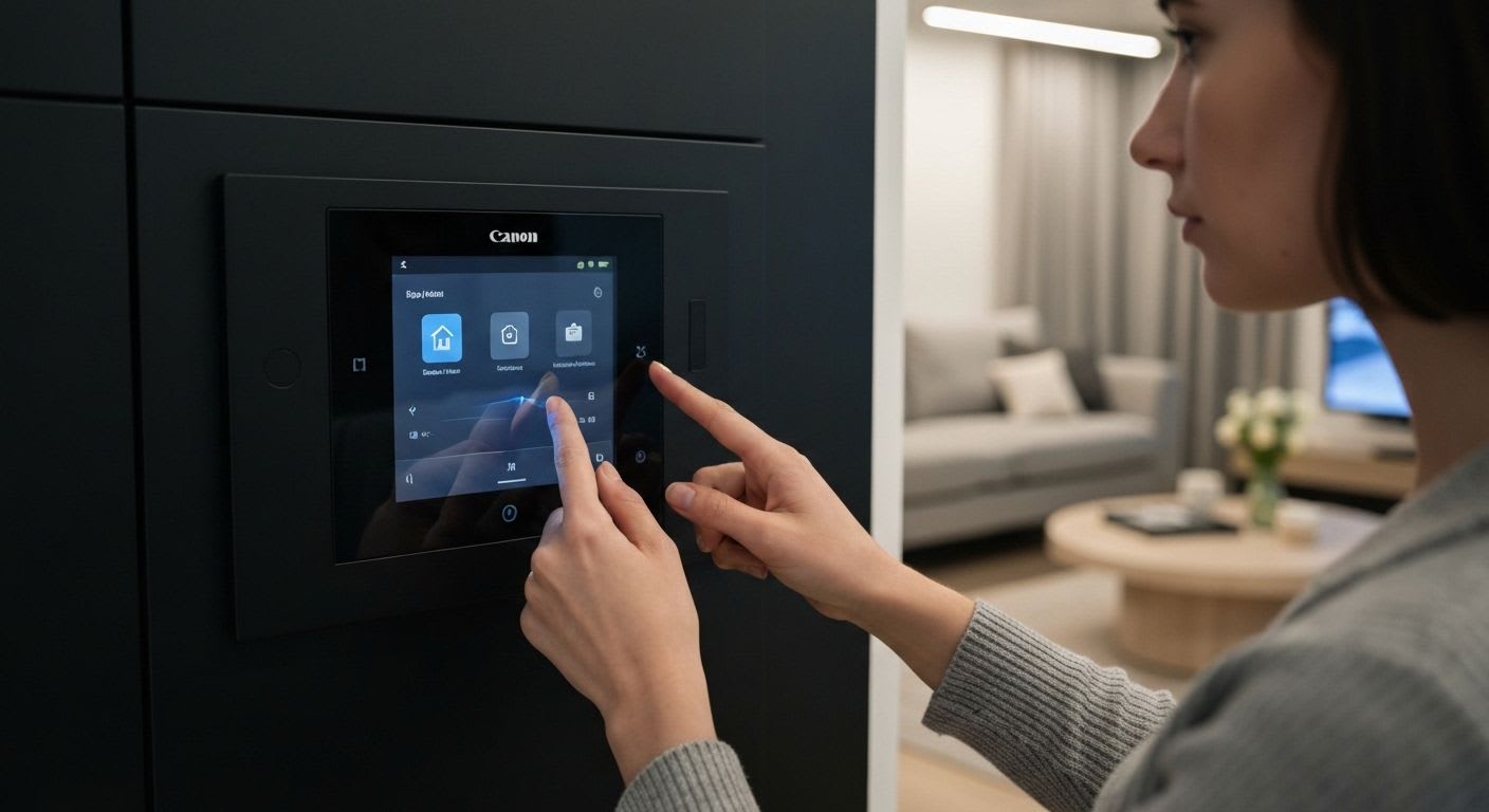 Hände bedienen ein Smart-Home-Panel, das den Energieverbrauch anzeigt und hilft, den Stromverbrauch zu senken.
