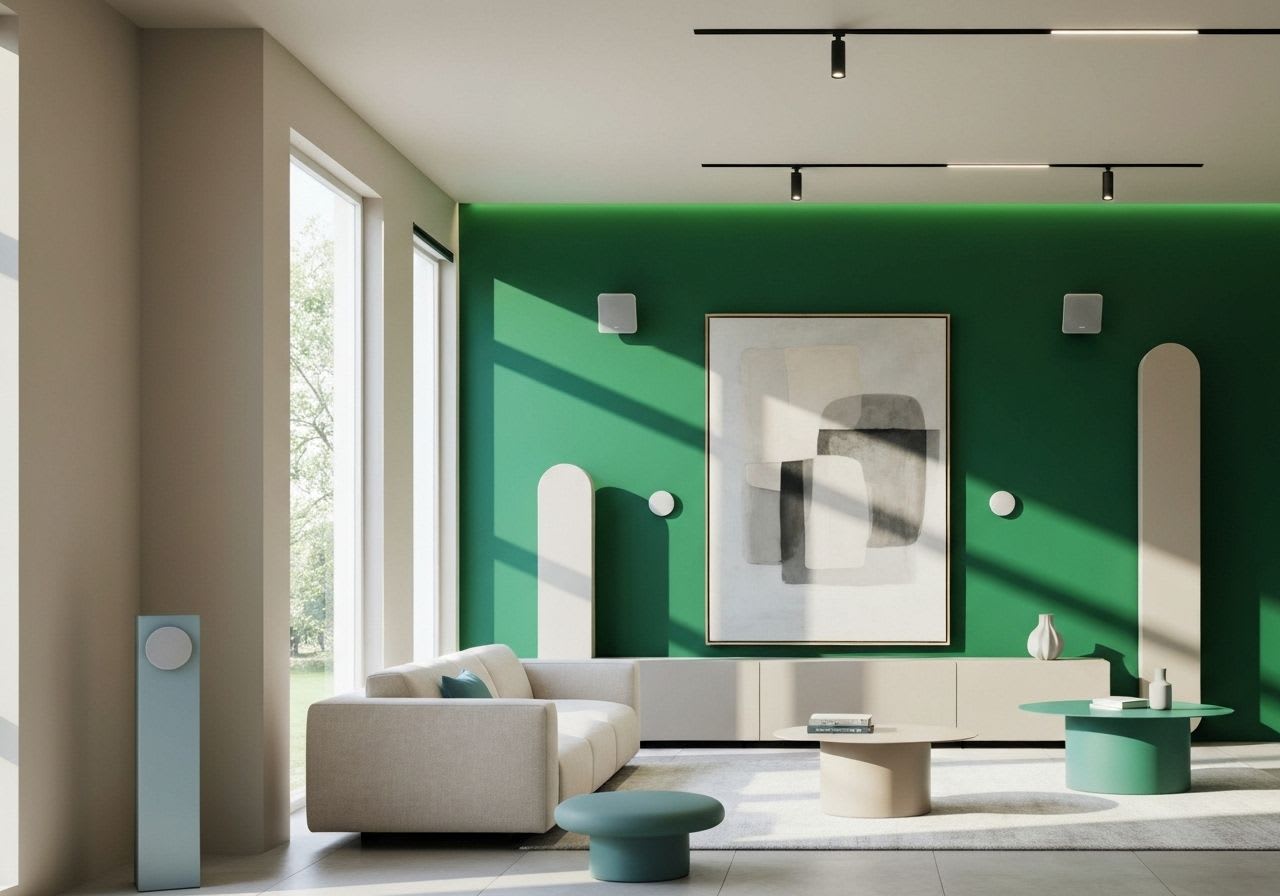 Helles, modernes Wohnzimmer mit natürlichem Licht, symbolisiert ein energieeffizientes Zuhause und hilft, den Stromverbrauch zu senken.